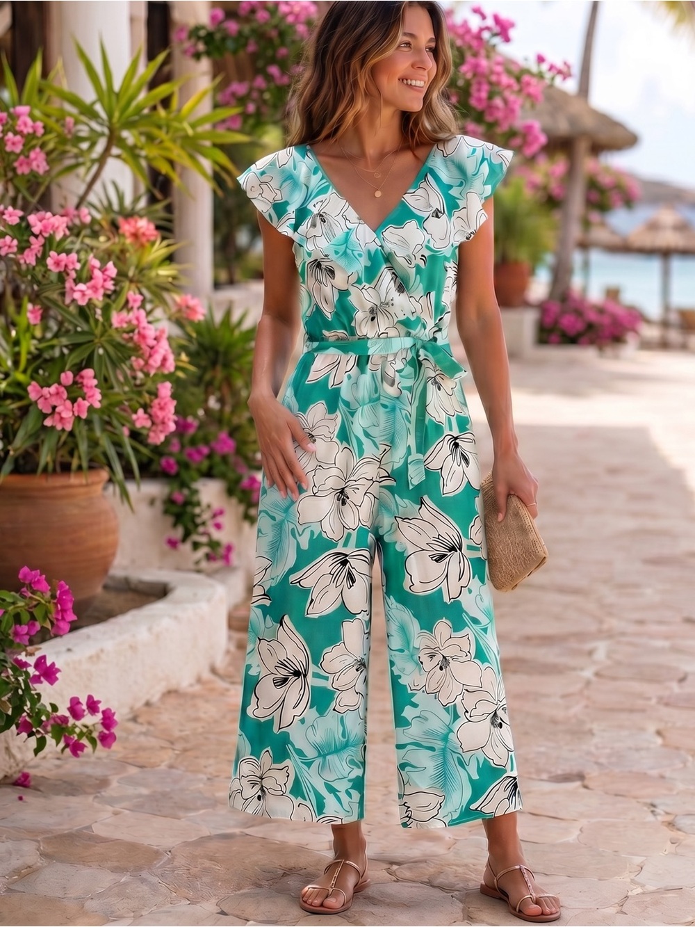 LUXOLOGY Tropical Floral Cropped Leg Jumpsuit